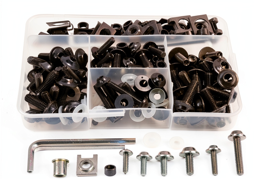 Motorcycle fairing bolt kit components laid out on a workbench