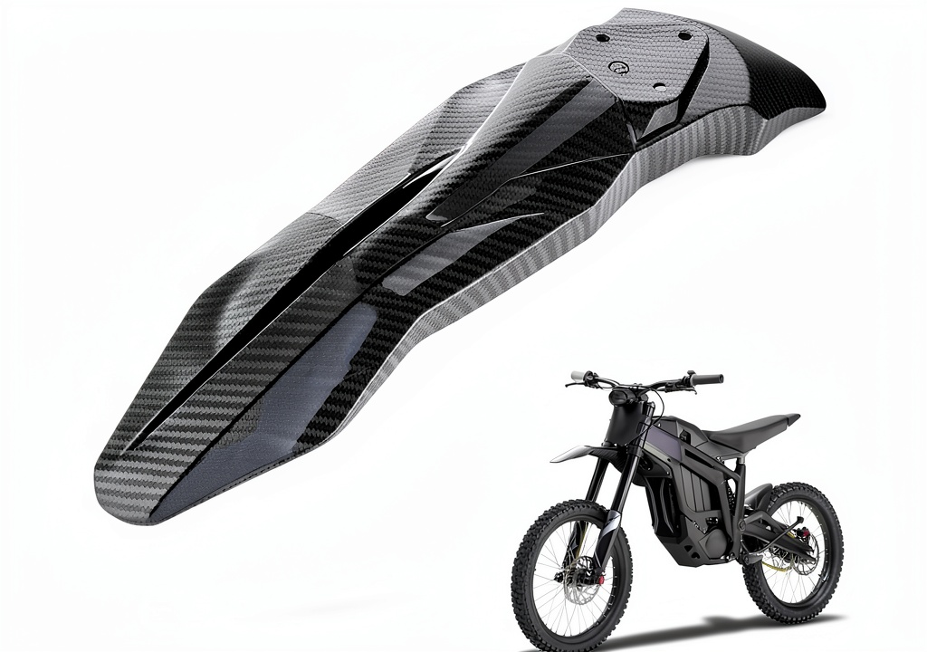 Talaria Sting electric dirt bike equipped with CHANGCHENG carbon fiber front fender in a dusty trail